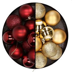 Foto van 24x stuks kunststof kerstballen mix van donkerrood en goud 6 cm - kerstbal