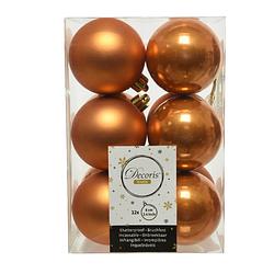 Foto van 12x stuks kunststof kerstballen cognac bruin (amber) 6 cm glans/mat - kerstbal