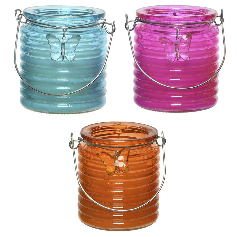 Foto van Set van 3x stuks citronella anti muggen kaarsen windlicht blauw, roze en oranje 20 branduren - geurkaarsen