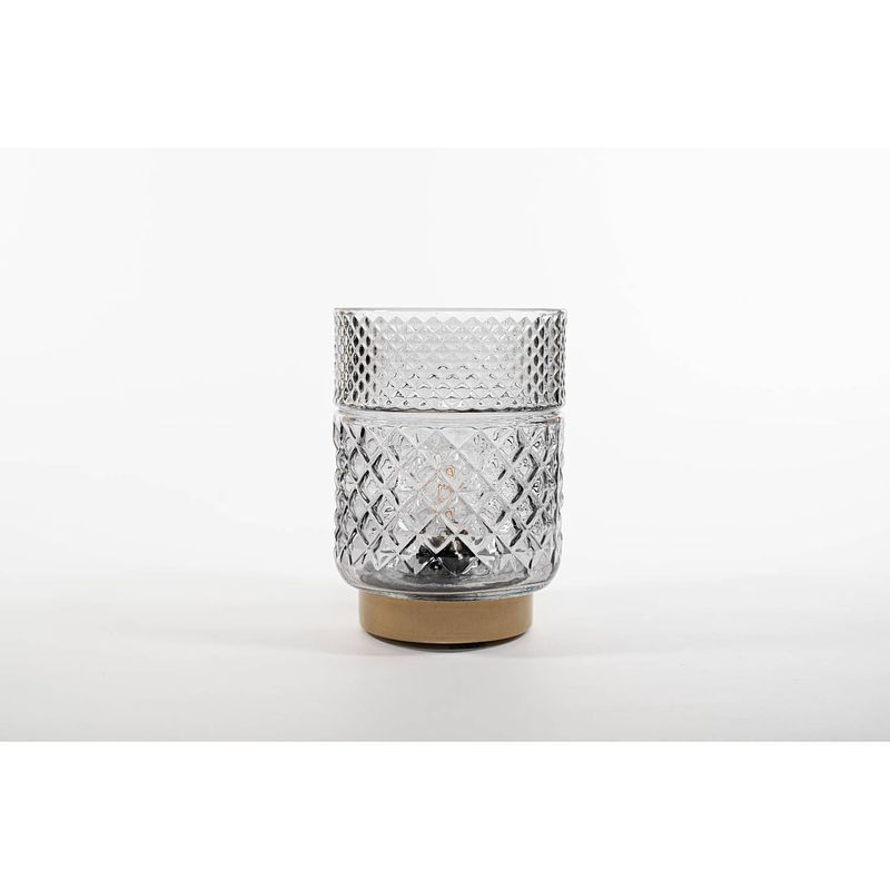 Foto van Lantern glass 12x17,5cm grey with golden base led bulb