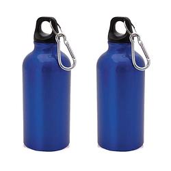 Foto van 2x stuks aluminium waterfles/drinkfles blauw met schroefdop en karabijnhaak 400 ml - drinkflessen