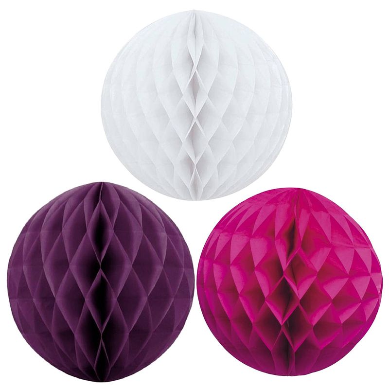 Foto van Kerstversiering set van 3x papieren kerstballen 10 cm wit aubergine en fuchsia roze - kerstbal