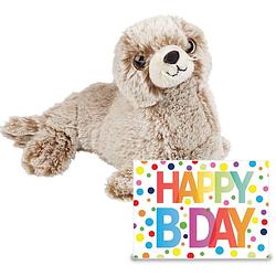 Foto van Knuffel zeehond pup 23 cm cadeau sturen met xl happy birthday wenskaart - knuffeldier