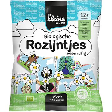 Foto van De kleine keuken biologische rozijntjes zonder sulfiet 12+ maanden 140g bij jumbo