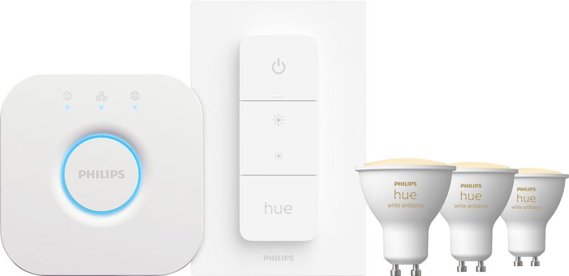 Foto van Philips hue white ambiance starter pack gu10 met 3 lampen, dimmer + bridge