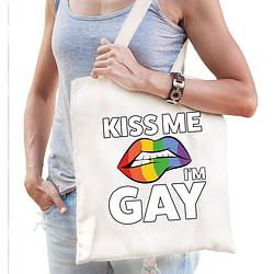 Foto van Kiss me im gay regenboog katoenen tas wit - feest boodschappentassen