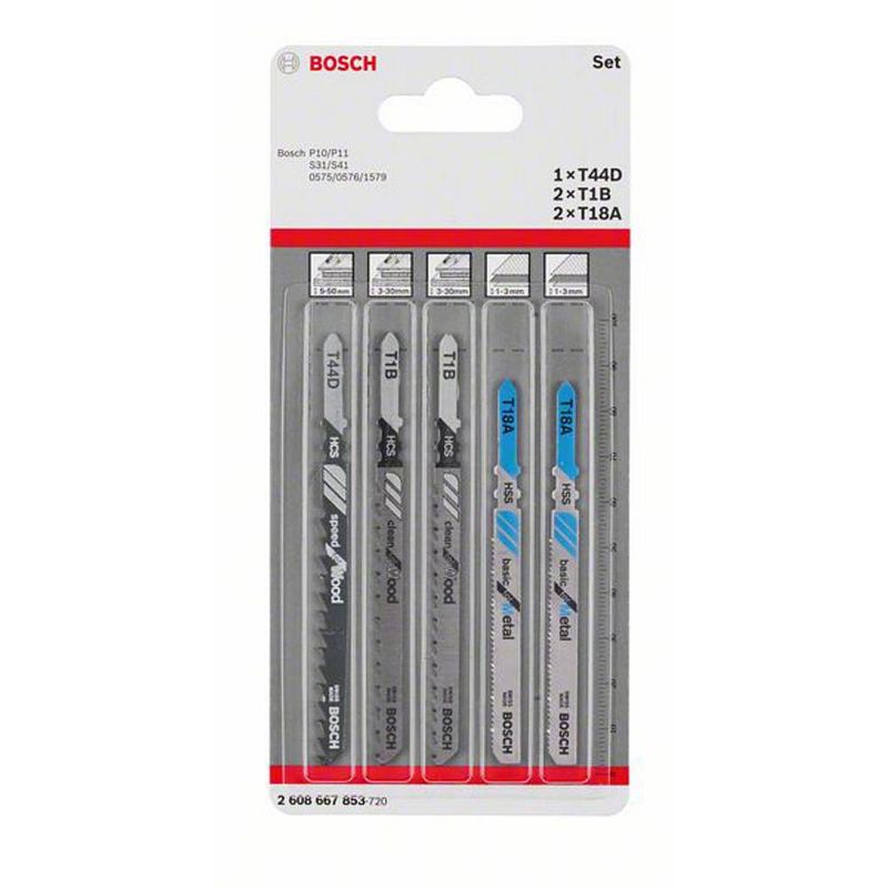 Foto van Bosch accessories 2608667853 decoupeerzaagblad-set wood and metal, 5-delig, dubbele nokschacht 5 stuk(s)