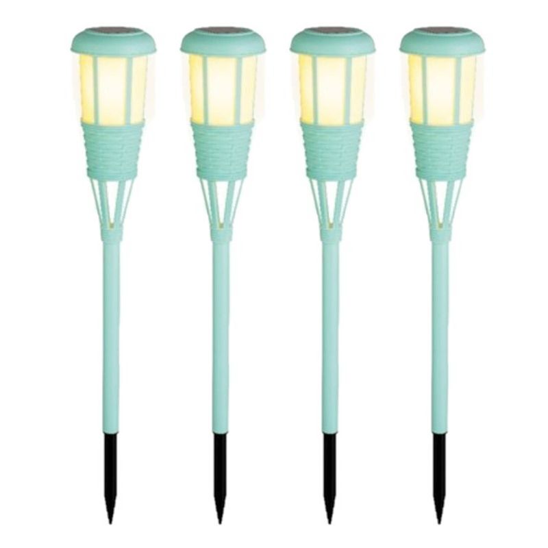 Foto van 4x stuks solar tuinfakkel/tuinlamp turquoise op zonne-energie 61 cm - fakkels