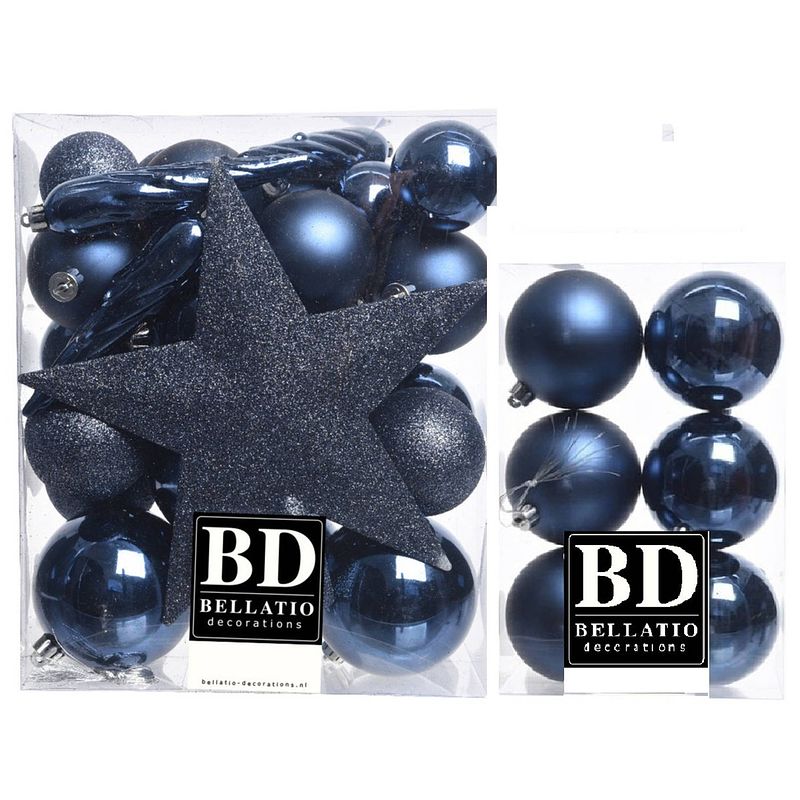 Foto van Kerstversiering kunststof kerstballen met piek donkerblauw 5-6-8 cm pakket van 45x stuks - kerstbal