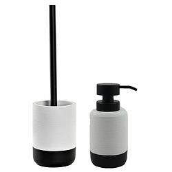 Foto van Toiletborstel met houder 38 cm en zeeppompje 300 ml keramiek wit/zwart - badkameraccessoireset