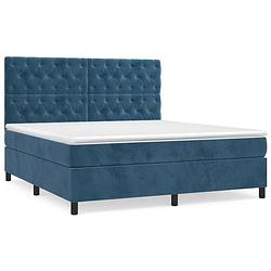 Foto van The living store boxspringbed donkerblauw 203 x 160 x 118/128 cm - fluweel - hoofdbord - pocketvering - middelharde