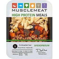 Foto van Muscle meat high protein meals rundergehakt taco mezze penne ratatouille spieropbouw 450g bij jumbo