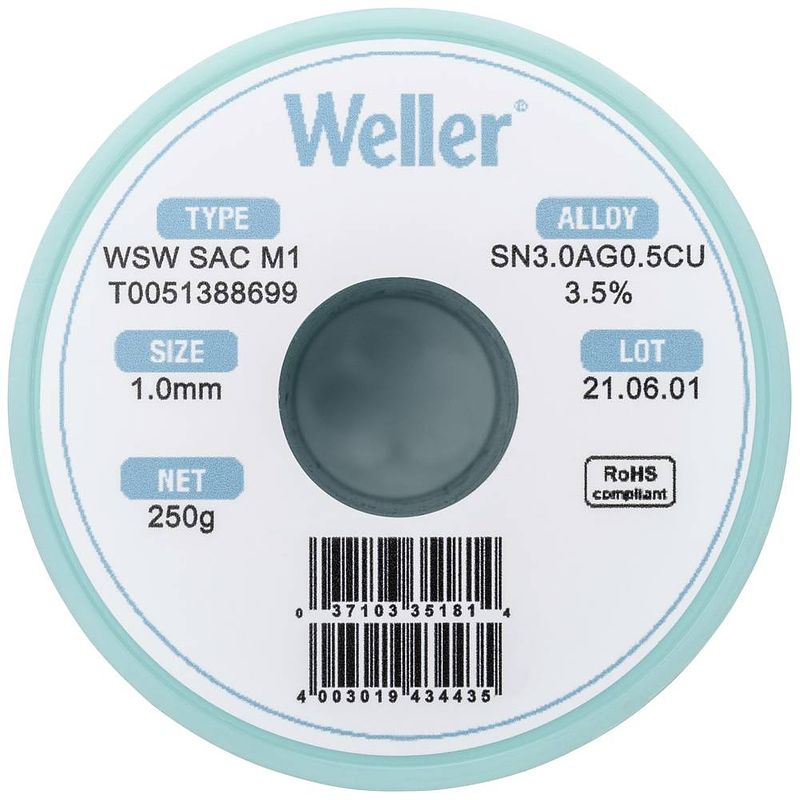 Foto van Weller wsw sac m1 soldeertin, loodvrij spoel sn3,0ag0,5cu 250 g 1 mm