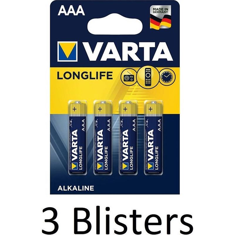 Foto van 12 stuks (3 blisters a 4 st) varta longlife aaa alkaline batterij