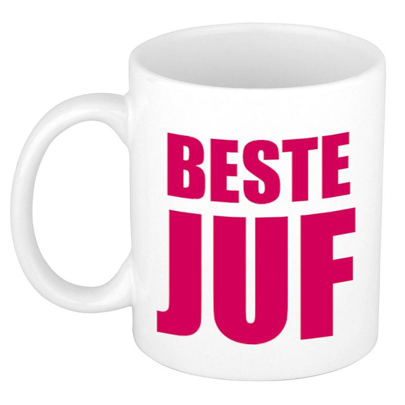 Foto van Beste juf cadeau koffiemok / theebeker roze blokletters 300 ml - feest mokken