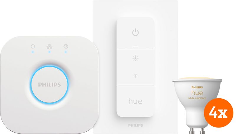 Foto van Philips hue white ambiance gu10 4-pack + dimmer