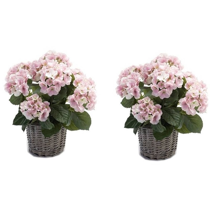 Foto van 2x kunstplanten hortensia roze in mand 45 cm - kunstplanten