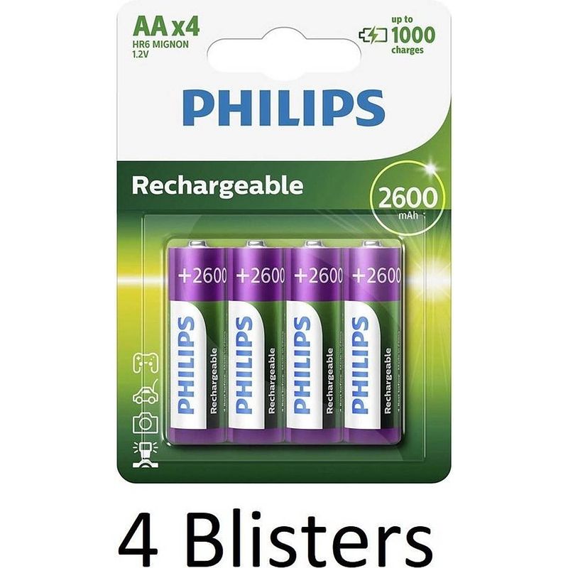 Foto van 16 stuks (4 blisters a 4 st) philips aa oplaadbare batterijen 2600mah