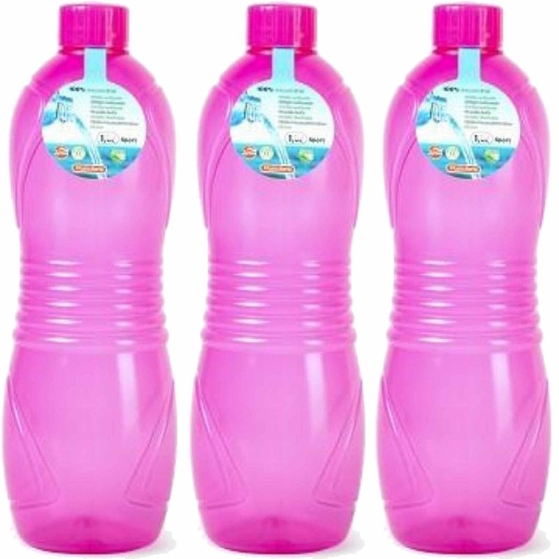 Foto van Plasticforte drinkfles/waterfles/bidon - 3x - 1000 ml - transparant/roze - kunststof - drinkflessen