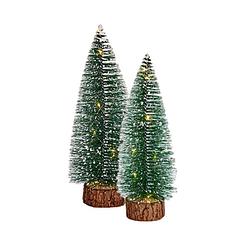 Foto van Kleine/mini decoratie kerstboompjes set van 2x st met licht 25-30 cm - kerstdorpen