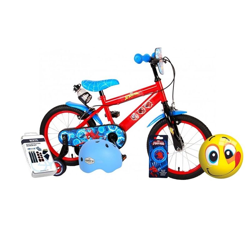 Foto van Volare kinderfiets spider-man - 16 inch - twee handremmen - blauw/rood - inclusief fietshelm & accessoires