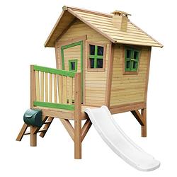 Foto van Axi robin speelhuis op palen & witte glijbaan speelhuisje voor de tuin / buiten in bruin & groen van fsc hout