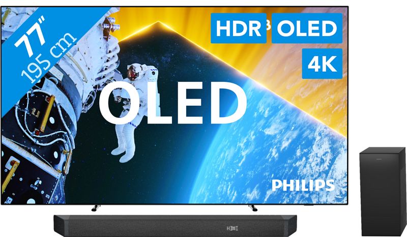 Foto van Philips ambilight tv 77oled809 + soundbar + hdmi kabel