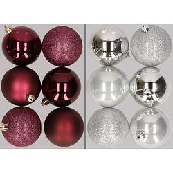 Foto van 12x stuks kunststof kerstballen mix van aubergine en zilver 8 cm - kerstbal