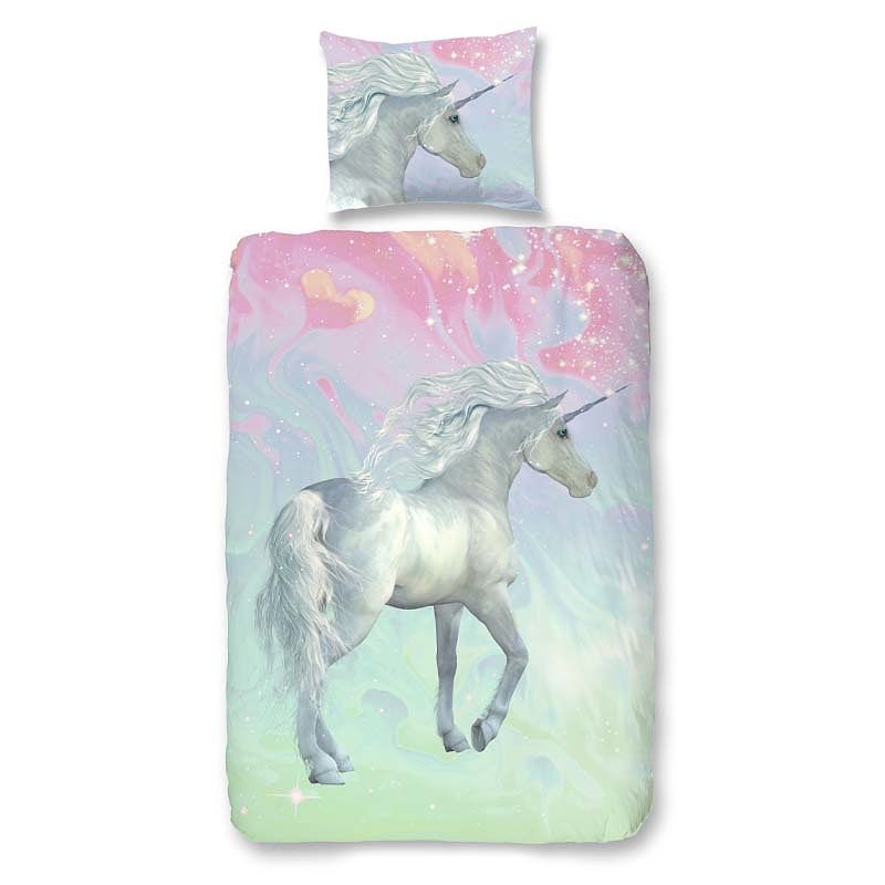 Foto van Good morning unicorn dekbedovertrek - 100% katoen - 1-persoons (140x220 cm + 1 sloop) - 1 stuk (60x70 cm) - multi