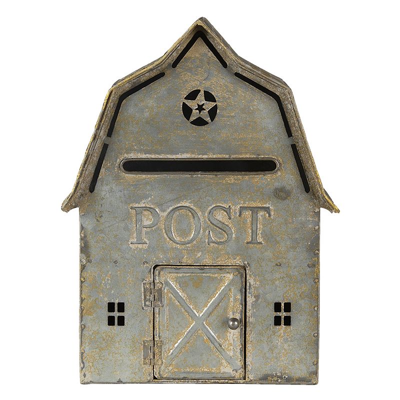 Foto van Haes deco - brievenbus grijs metaal in de vorm van een boerenschuur met tekst ""post"" , formaat 26x11x35 cm