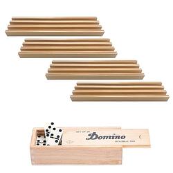 Foto van 4x dominostenenhouder met domino spel in houten doos 28x stenen - speelkaarthouders