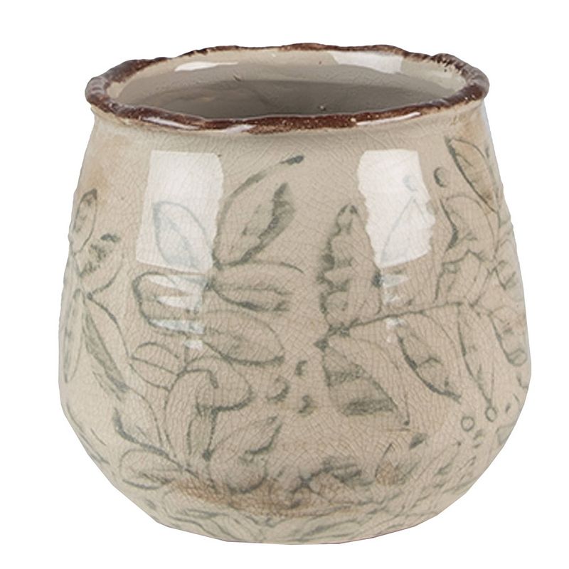 Foto van Clayre & eef bloempot ø 11x10 cm groen beige keramiek bladeren bloempot binnen plantenpot plant pot groen bloempot