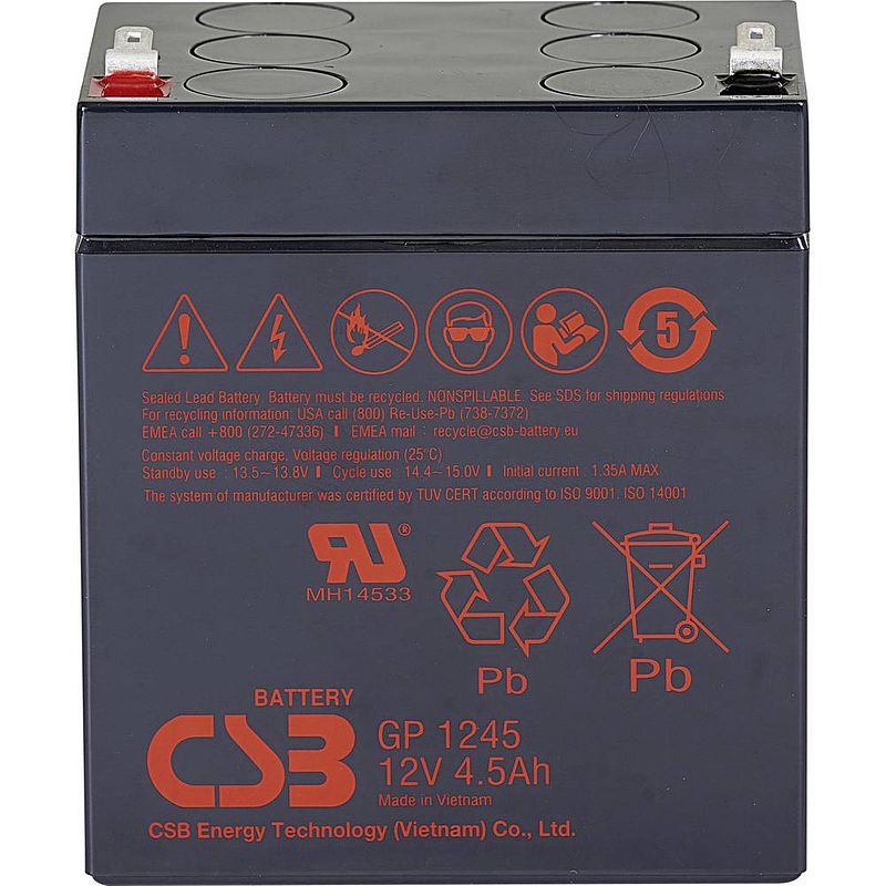 Foto van Csb battery gp 1245 standby usv loodaccu 12 v 4.5 ah loodvlies (agm) (b x h x d) 93 x 108 x 70 mm kabelschoen 4.8 mm, kabelschoen 6.35 mm onderhoudsvrij,