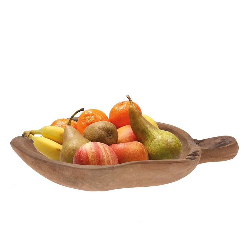 Foto van Fruitschaal teak hout blad vorm 35 x 22 cm - fruitschalen