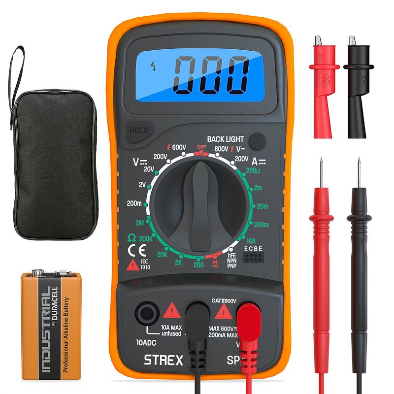 Foto van Strex digitale multimeter - ac / dc - incl. 9v duracell batterij, klemtangen & opberghoes - multi meter