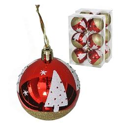 Foto van Kerstballen gedecoreerd - 12x - 6 cm - kunststof -rood met kerstboom - kerstbal