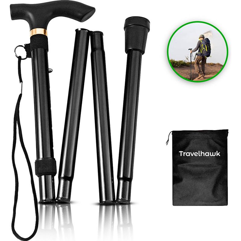 Foto van Travelhawk wandelstok - verstelbaar en opvouwbaar - zwart - incl. opbergtas - loopstok ouderen