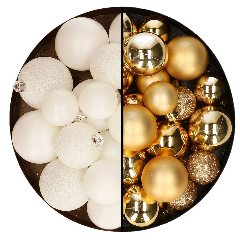 Foto van Kerstballen 60x stuks - mix goud/wol wit - 4-5-6 cm - kunststof - kerstbal