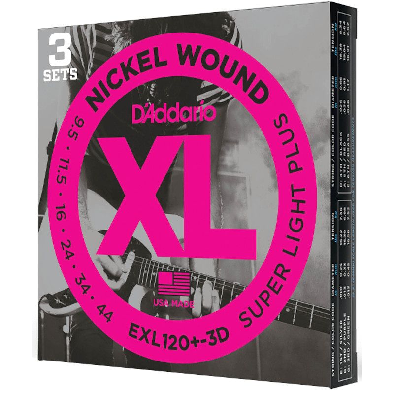 Foto van D'saddario exl120+-3d 9,5-44 super light plus nickel wound snaren voor elektrische gitaar (3 sets)