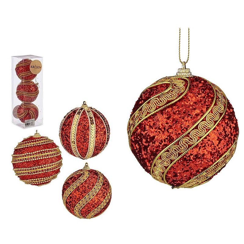 Foto van Krist+ kerstballen - 6x - rood/goud - kunststof - gedecoreerd -8 cm - kerstbal