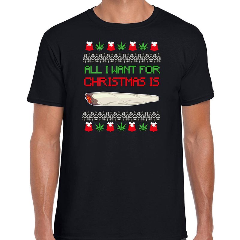 Foto van Bellatio decorations foute kersttrui t-shirt heren - all i want for christmas is wiet - zwart -joint l - kerst t-shirts