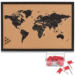 Foto van Prikbord wereldkaart met 20x punaise vlaggetjes rood - 60 x 40 cm - kurk - prikborden