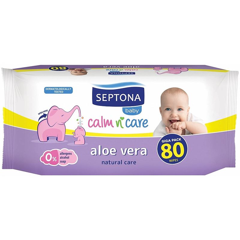 Foto van Septona - baby calm & care aloe vera - billendoekjes - 0% alcohol & zeep - 80 stuks