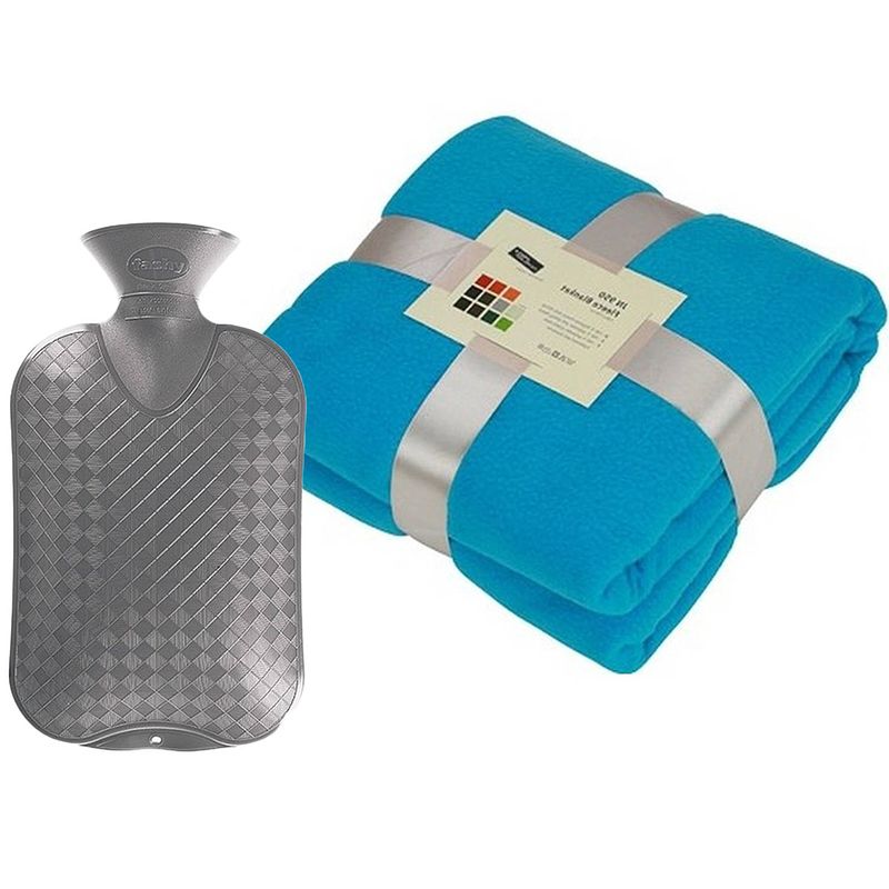 Foto van Fleece deken/plaid - turquoise - 130 x 170 cm - kruik - 2 liter - plaids