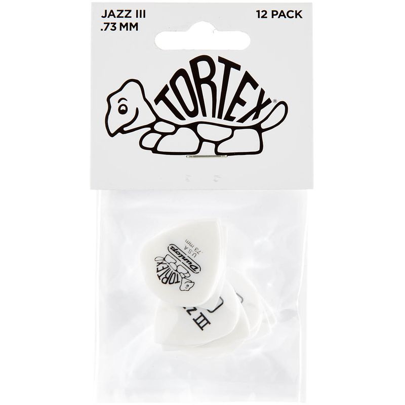 Foto van Dunlop tortex white jazz iii 0.73mm 12-pack plectrumset