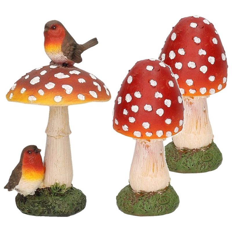 Foto van Decoratie paddenstoelen setje met 2x gewone paddenstoel en 1x met vogeltjes - tuinbeelden