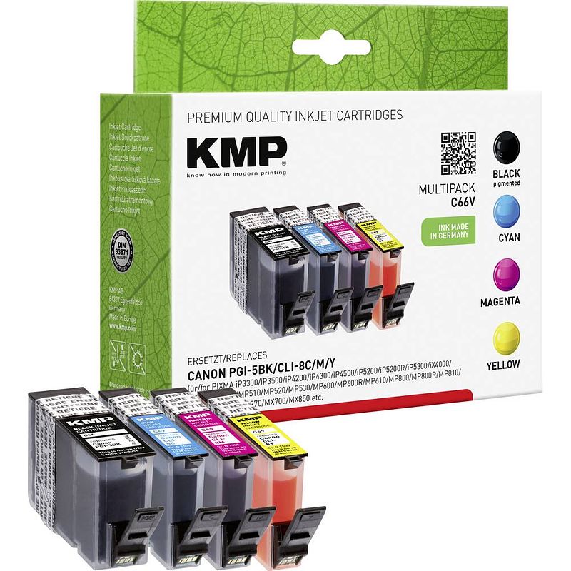 Foto van Kmp inkt vervangt canon pgi-5, cli-8 compatibel combipack zwart, cyaan, magenta, geel c66v 1504,0005