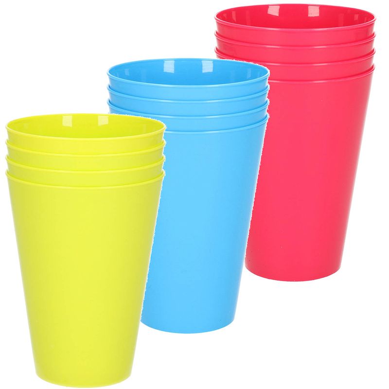 Foto van 12x stuks onbreekbare kunststof drinkglazen 430 ml in het blauw-groen-roze - drinkbekers