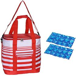 Foto van Grote koeltas draagtas schoudertas rood/wit gestreept met 2 stuks flexibele koelelementen 24 liter - koeltas