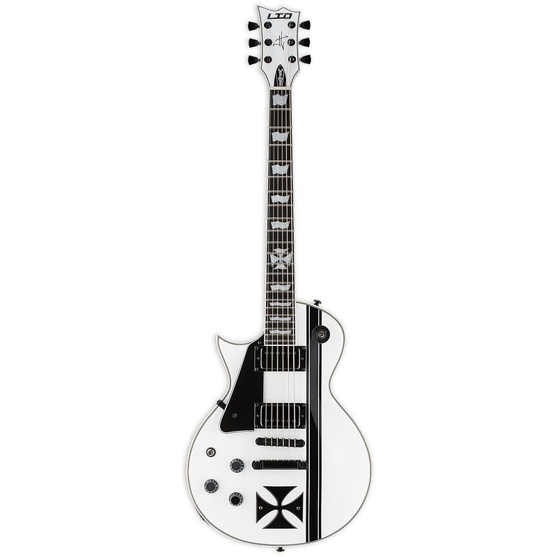 Foto van Esp ltd iron cross snow white lh james hetfield signature linkshandige elektrische gitaar met koffer